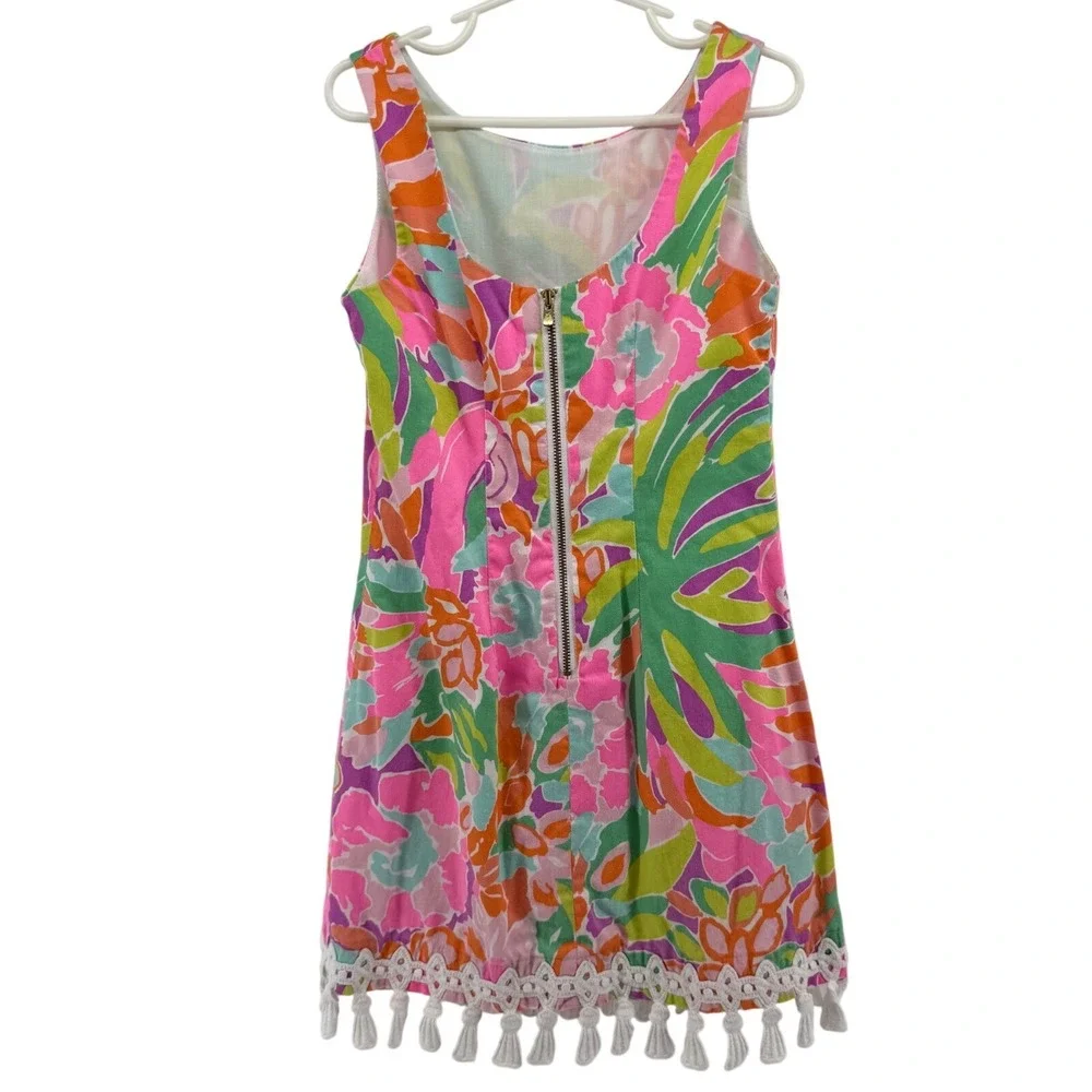Lilly Pulitzer Girls Pink Green Flamingo Palm Shift Dress Tassel Hem Size 7